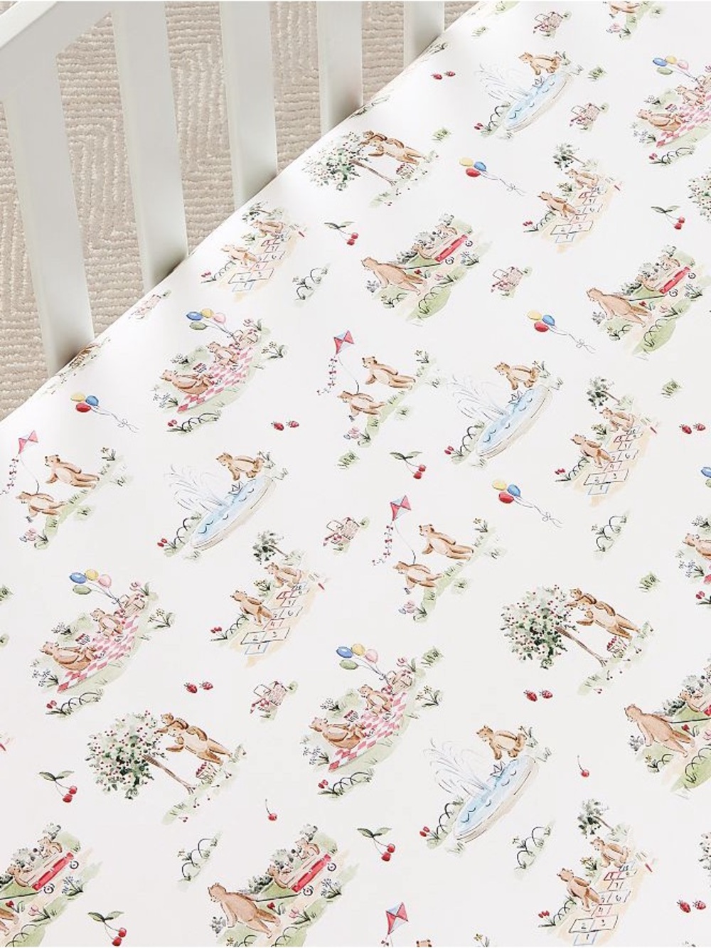 Pottery Barn Kids White Crib Sheet with Pastel Animal & Nature Prints
